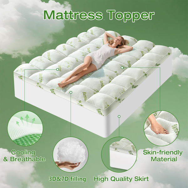 Bamboo Viscose Pillow Top Mattress Topper with Deep Pocket