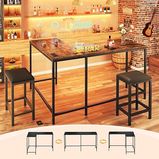 L-Shaped Bar Table and Chairs Set with Power Outlets