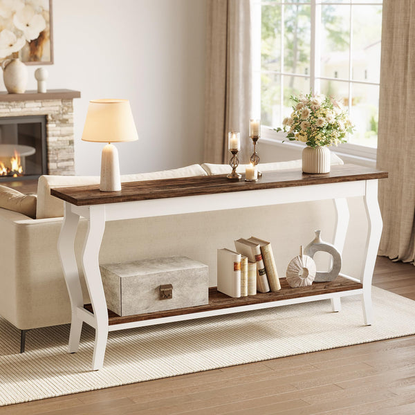 70.9" 2-Tier Console Table with Metal Legs – Brown & White