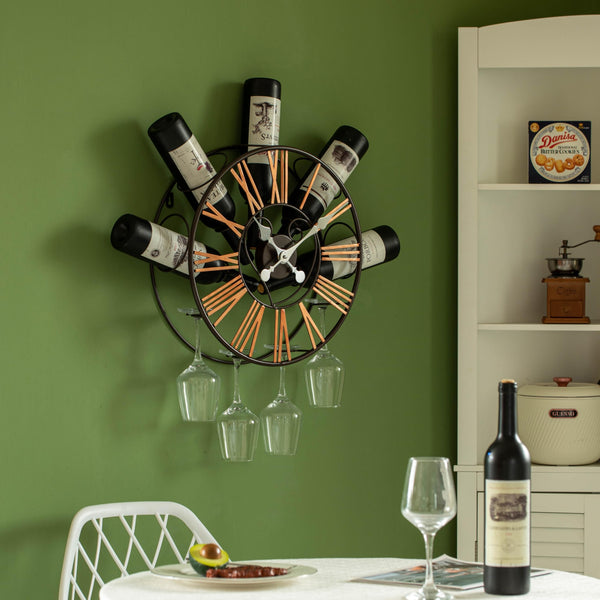 Wall-Mounted Clock Wine Rack with Stemware Holder