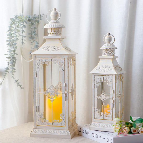 Vintage Metal Candle Lanterns Set of 2 – Indoor Outdoor Hanging Lanterns with Tempered Glass