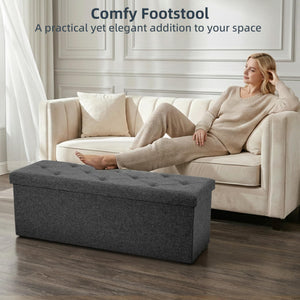 43-Inch Foldable Storage Ottoman Bench with Padded Seat – Grey, 660 lbs Capacity