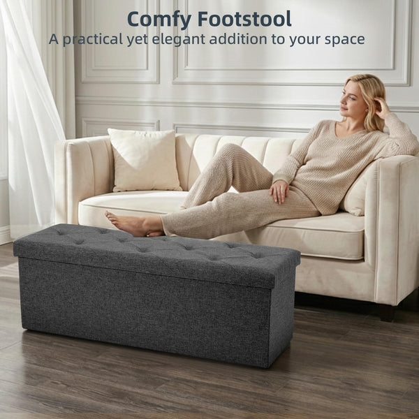43-Inch Foldable Storage Ottoman Bench with Padded Seat – Grey, 660 lbs Capacity
