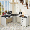 L-Shaped Executive Desk with Drawers, Power Outlets & Storage Shelf