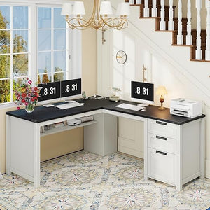 L-Shaped Executive Desk with Drawers, Power Outlets & Storage Shelf