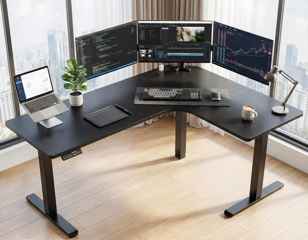 L-Shaped Electric Standing Desk with Built-In Power Outlets