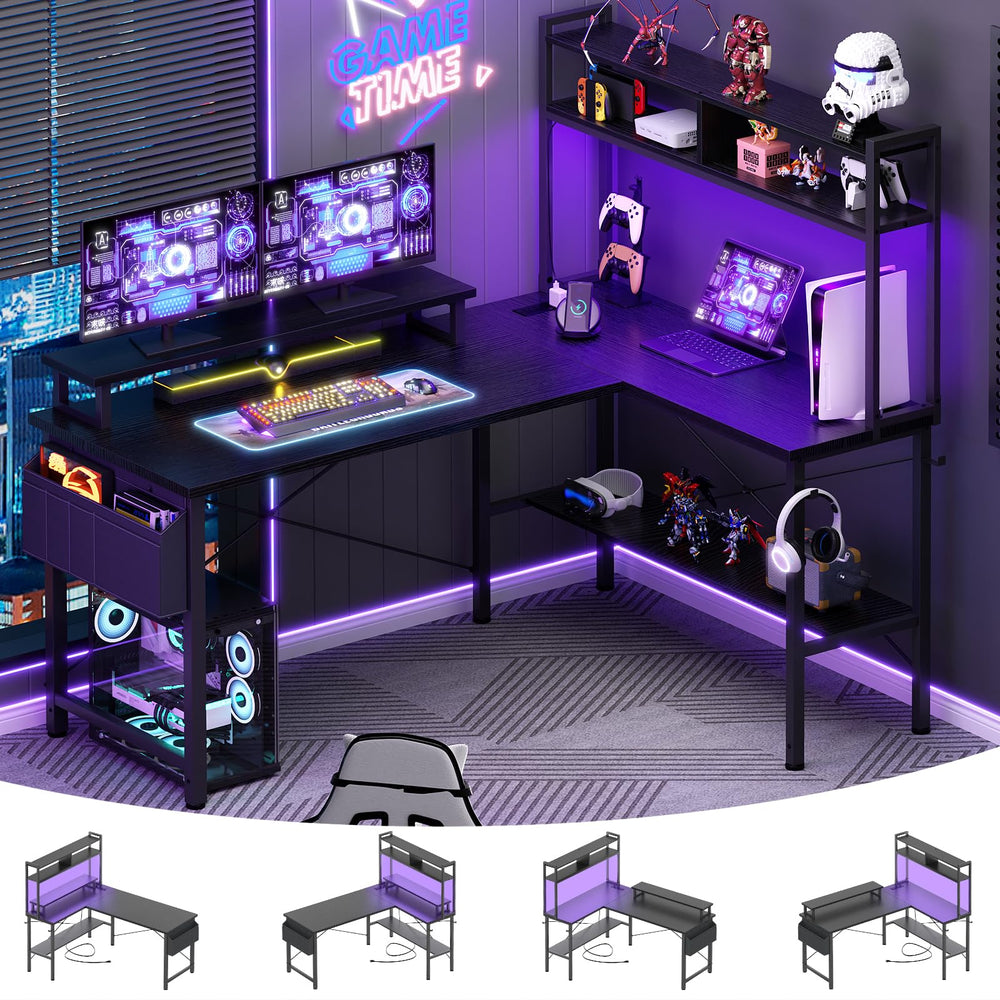 L-Shaped Gaming & Home Office Desk with Power Outlets, LED Lights & Monitor Stand