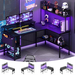 L-Shaped Gaming & Home Office Desk with Power Outlets, LED Lights & Monitor Stand