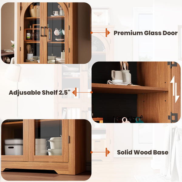 70" Tall Kitchen Pantry Cabinet with 4 Arched Glass Doors & Adjustable Shelves