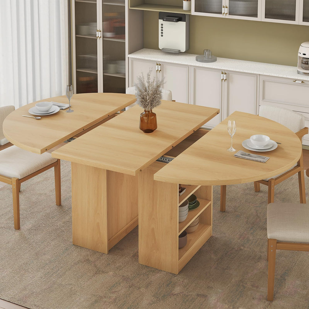 Extendable Dining Table with 3-Tier Storage Shelves & Pedestal Base