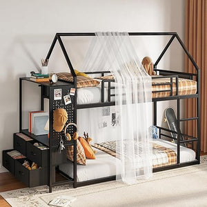 Twin Over Twin House Bunk Bed with Hall Tree & 6 Storage Drawers
