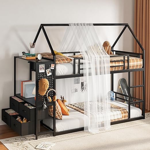 Twin Over Twin House Bunk Bed with Hall Tree & 6 Storage Drawers