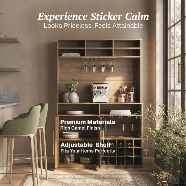 BELLEZE Jagger Bar Cabinet with Wine Rack & 8 Stemware Glass Holders, 72" Tall Liquor Coffee Bar Storage Cabinet with Adjustable Shelves, Fluted Doors & Golden Metal Handles, Camel