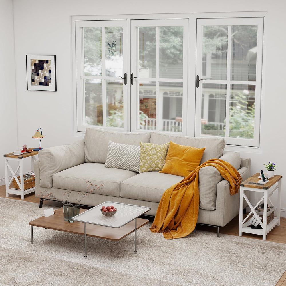 Farmhouse End Tables Set of 2 with Charging Station & Storage Shelf