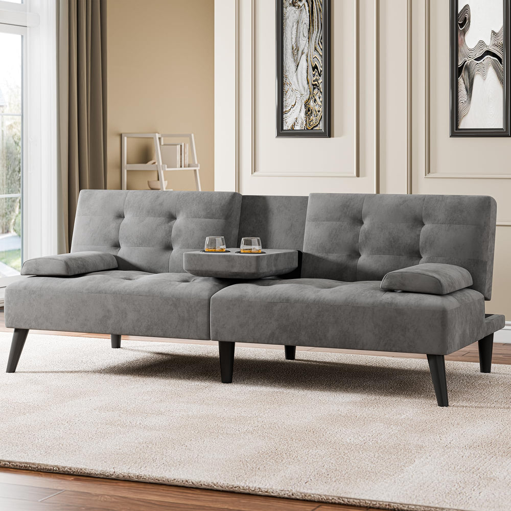 Convertible Futon Sofa Bed with Cup Holders & Adjustable Backrest