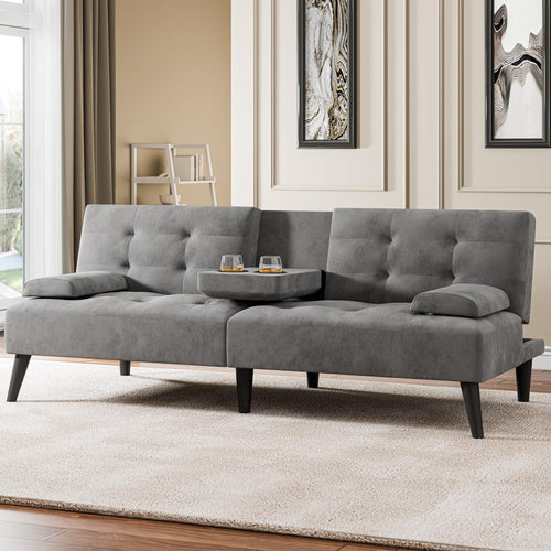 Convertible Futon Sofa Bed with Cup Holders & Adjustable Backrest