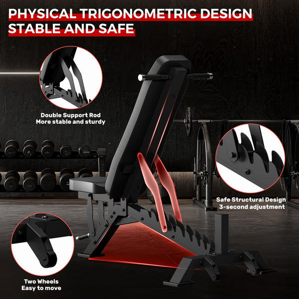Adjustable Weight Bench with 33" Backrest, 1300LBS Capacity