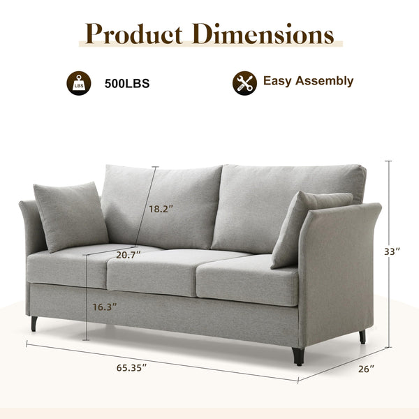 65" Mid-Century Modern Loveseat Sofa – Linen 3-Seater, Silvery Grey