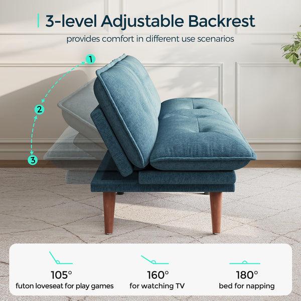 Convertible Futon Sofa Bed with Adjustable Backrest & Armrest