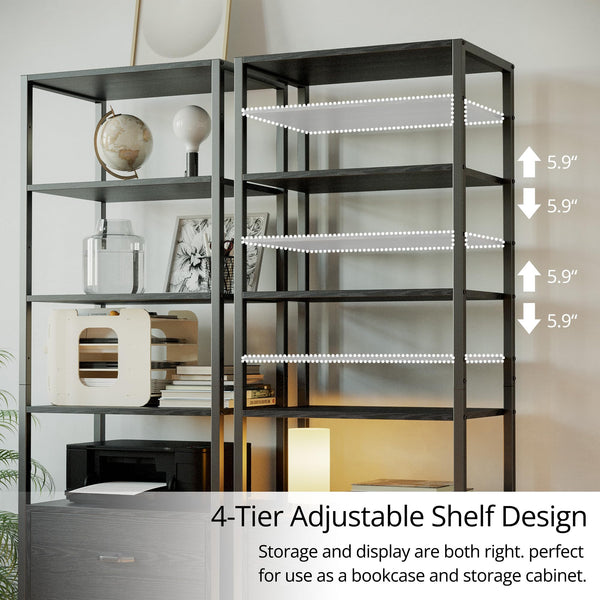 Industrial Bookcase with File Cabinet & 5-Tier Open Shelves, 71.6"H