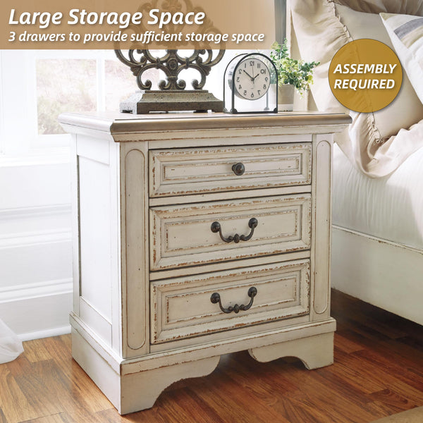 Chipped White Nightstand with Drawers & USB Charging