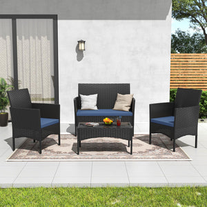 4-Piece Outdoor Rattan Patio Conversation Set with Cushions & Glass Table