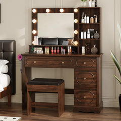 42" Walnut Brown Makeup Vanity Desk with Lighted Mirror & Charging Station