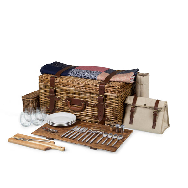 Wicker Picnic Basket Set for 4 – Luxury Deluxe Service with Blanket