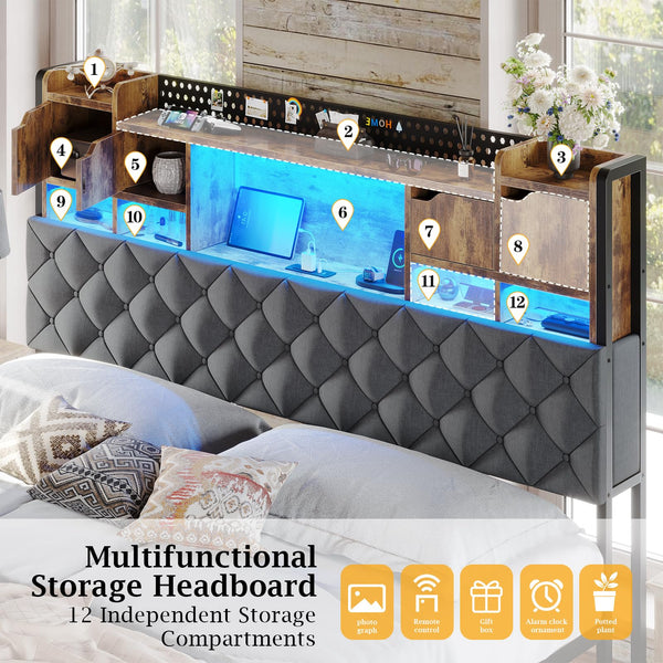 King Size Bed Frame with LED Lights & Storage Headboard