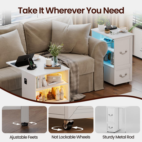 Rolling End Table with Charging Station & LED Lights