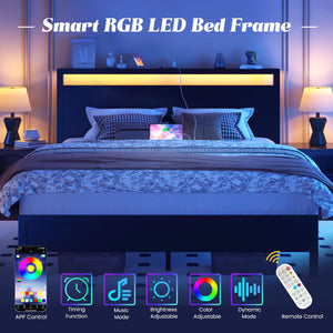 Queen Bed Frame with LED Headboard & Built-in Charging Station