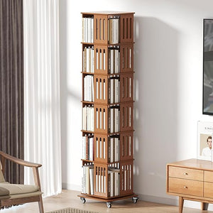 Bamboo Rotating Bookshelf Tower with Wheels