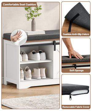 Farmhouse Shoe Bench with Cushion & Sliding Barn Doors