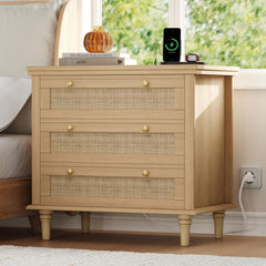 Wide Rattan Nightstand with Charging Station & 3 Drawers