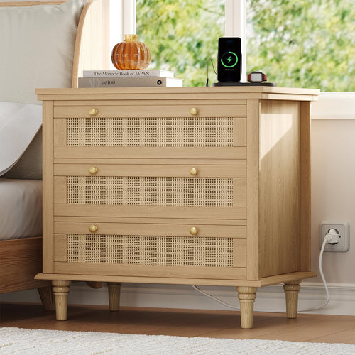 Wide Rattan Nightstand with Charging Station & 3 Drawers