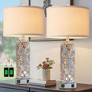 Coastal Vintage Table Lamp Set of 2 with USB Ports & Nightlight