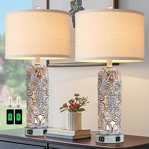Coastal Vintage Table Lamp Set of 2 with USB Ports & Nightlight