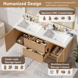 Floating Double Sink Bathroom Vanity with SMC Resin Top & Wood Cabinet