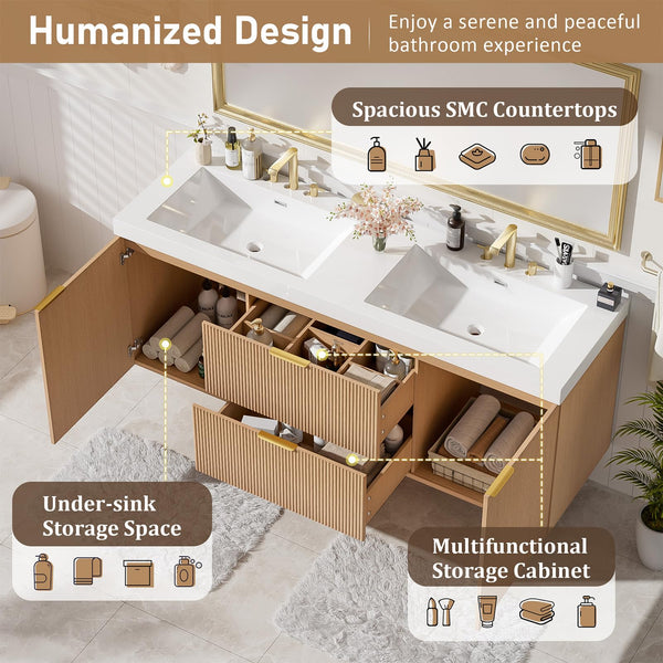 Floating Double Sink Bathroom Vanity with SMC Resin Top & Wood Cabinet