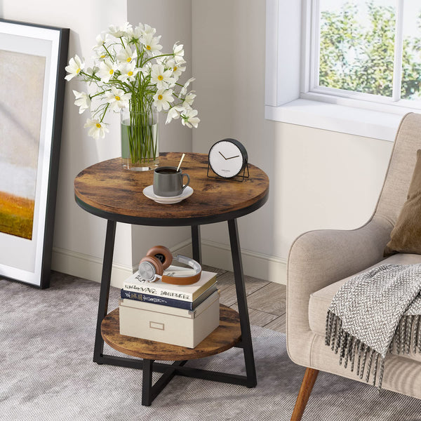 2-Tier Round Industrial End Table with Storage Shelf