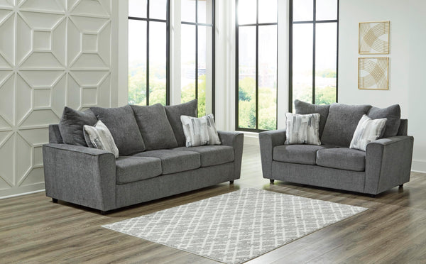 Gray Loveseat with Flared Arms & Accent Pillows