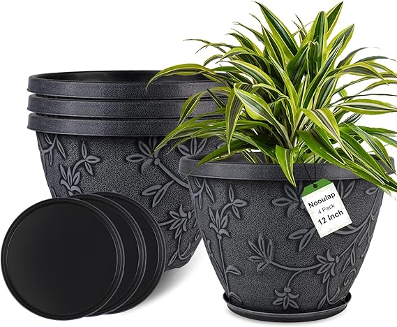 4-Pack Large Plant Pots with Drainage Hole & Saucer — 8/10/12/16 Inch