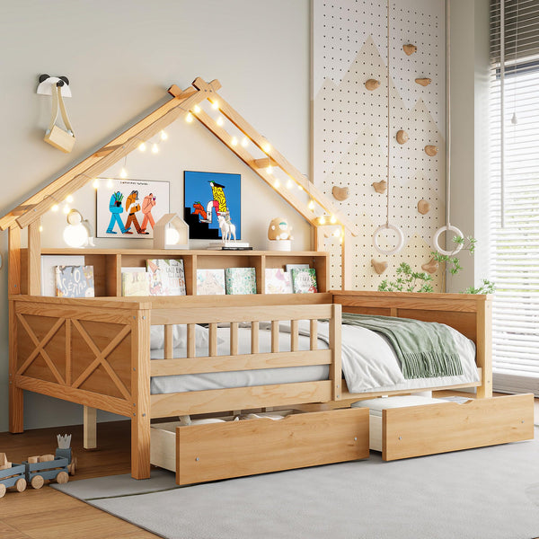 Full Size House Platform Bed with LED Lights, Storage Shelves & Drawers