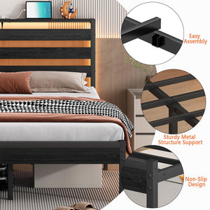 Metal Platform Bed Frame with LED Lights, USB Charging & Storage Headboard