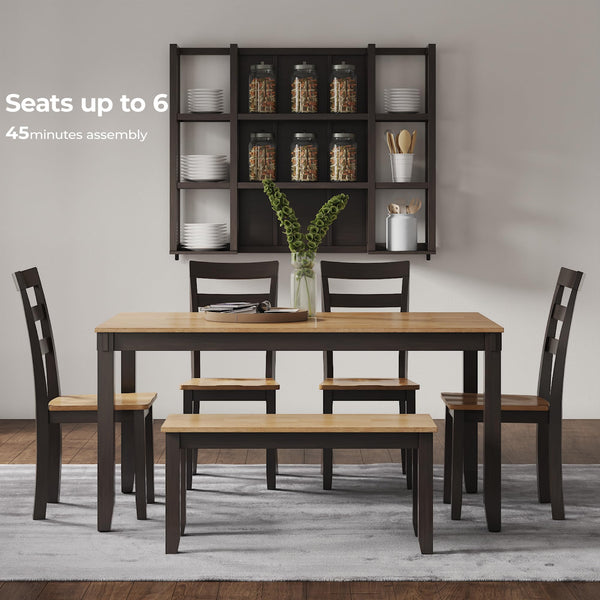 6-Piece Casual Dining Set with Table, Bench & 4 Ladderback Chairs