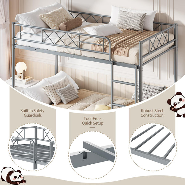 Twin Over Twin Bunk Bed with Stairs and Guardrails