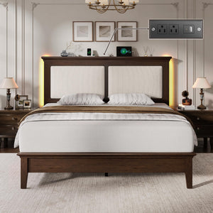 Wood Bed Frame with LED Headboard & Charging Station
