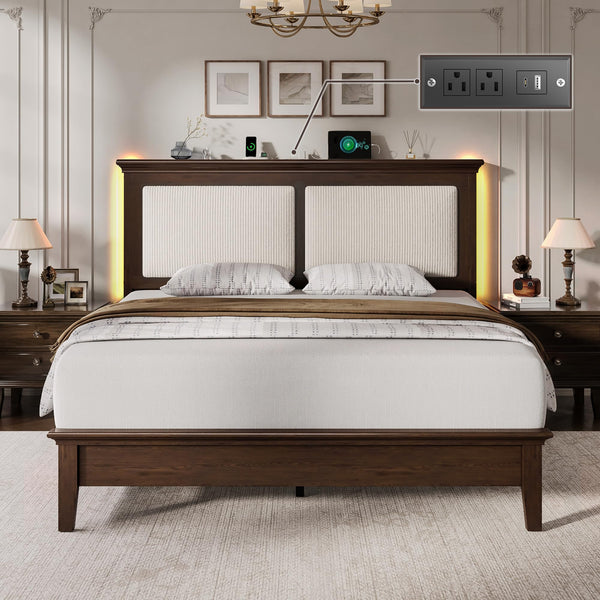 Wood Bed Frame with LED Headboard & Charging Station