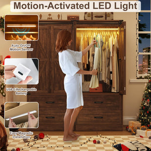 Farmhouse Sliding Door Wardrobe with LED Light & Drawers