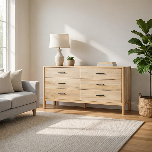 66-Inch Wide 6-Drawer Dresser – Natural Oak White Mango Wood